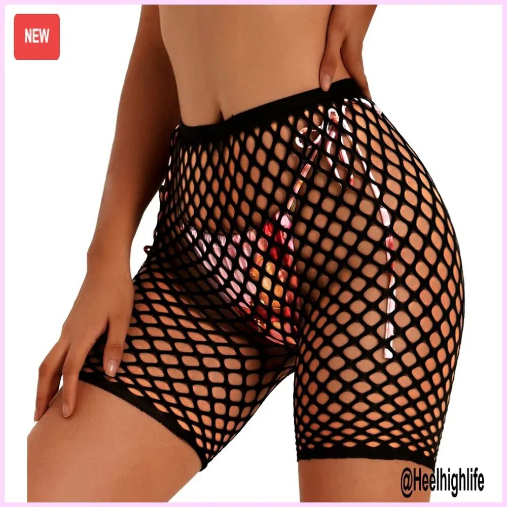 Fishnet Mesh Biker Shorts High Waist Swim Cover Up One Size